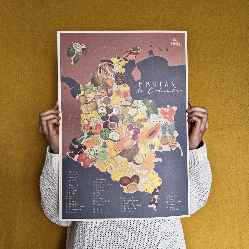 Mapa ilustrado de Colombia y sus frutas típicas