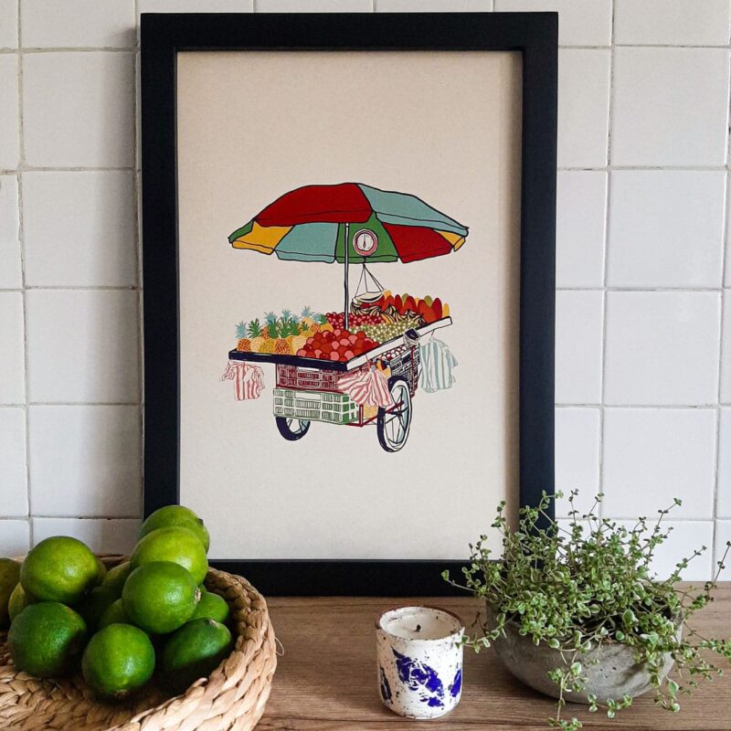 Cuadro ilustrado de carrito ambulante de frutas frescas