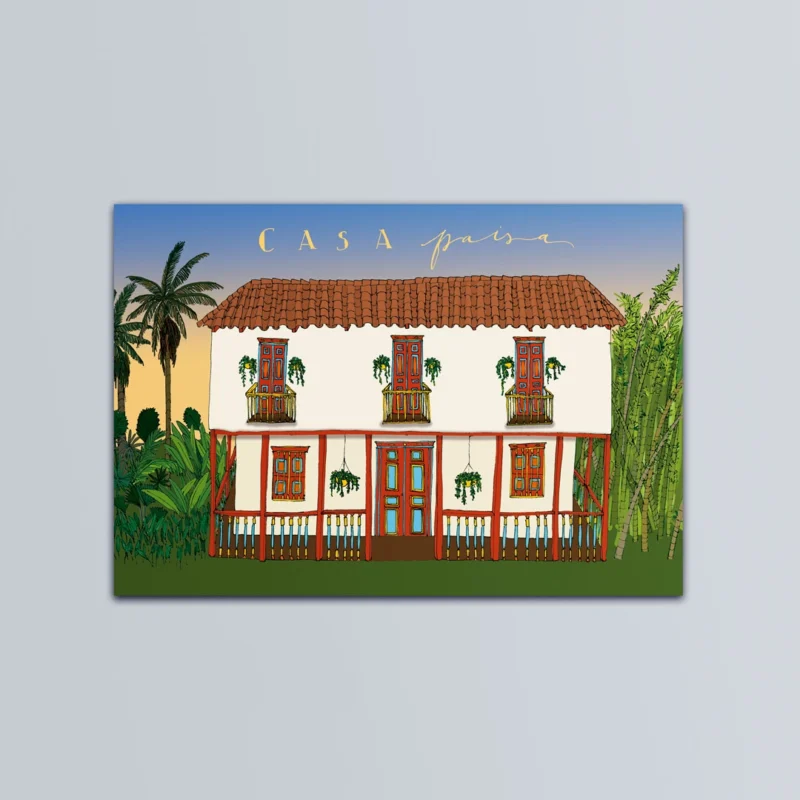 Postal ilustrada de la casa paisa colombiana