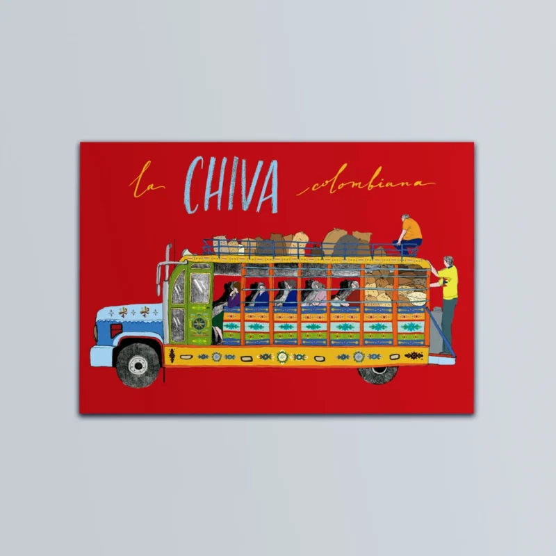 Postal ilustrada de la chiva colombiana