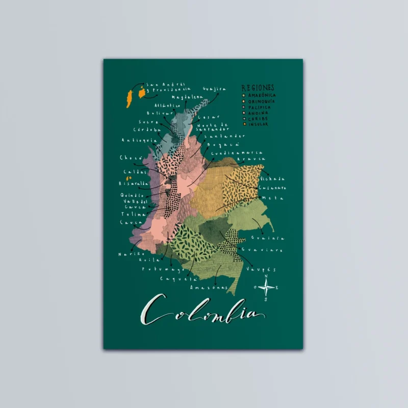 Postal ilustrada del mapa de Colombia